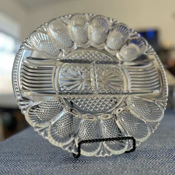 Deviled Egg & Relish Plate, 11" Crystal Platter Vintage Diamond Shape Cut Party - Picture 3 of 16